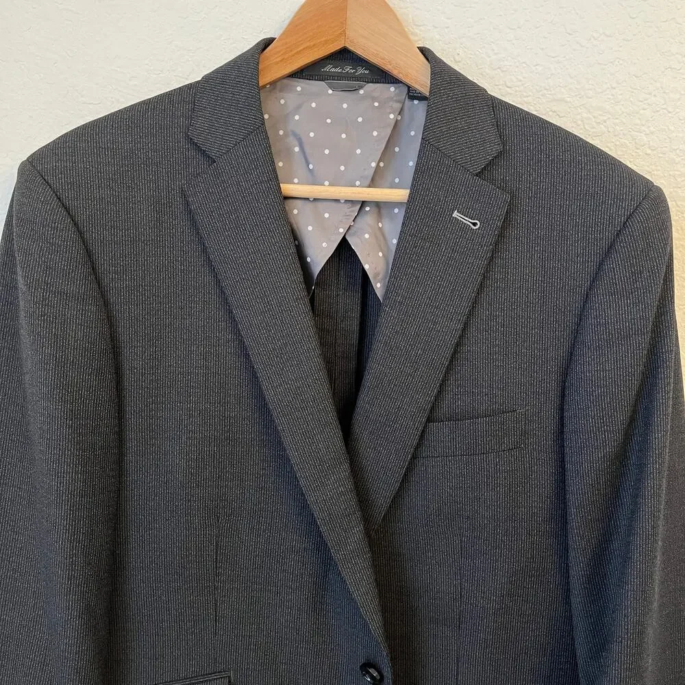 Indochino Mens Blazer Bespoke 43L Wool Stretch Charcoal‎ Pinstripe Surgeon Cuffs